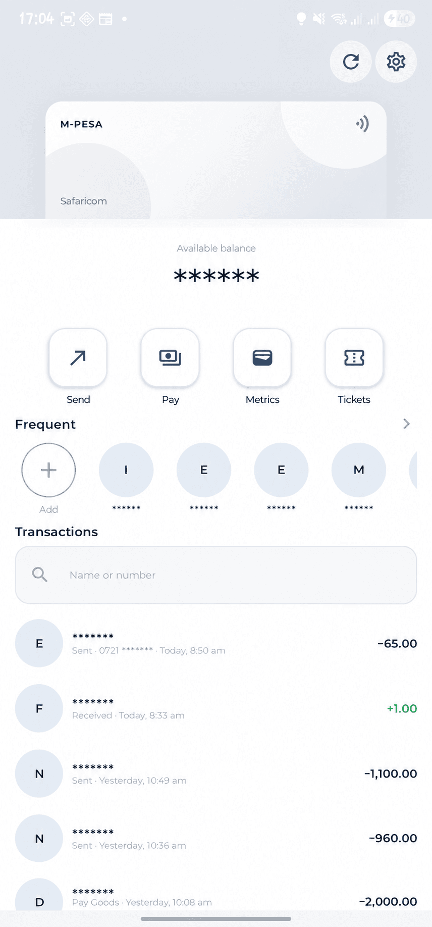 LipaBill home — balance, send, pay, tickets, and recent transactions
